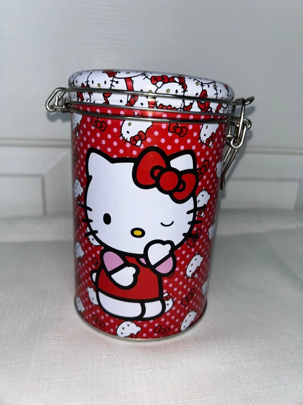 Hello Kitty Red and White Metal Storage Tin with Polkadot Graphic